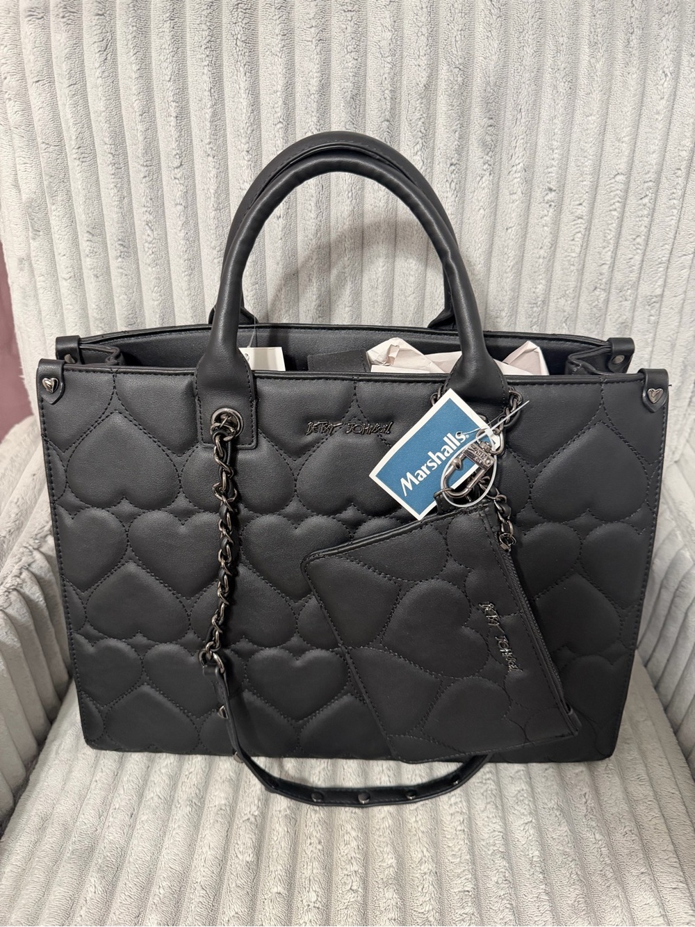 Betsey Johnson Black Quilted Heart Tote with Chain Accent